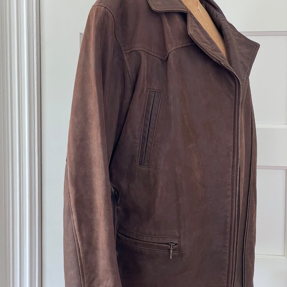 Vintage Brown Belted Leather Jacket | Asymetrial Zipper Closure Medium - Picture 5 of 11